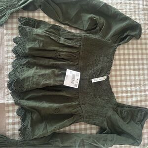 American Eagle Olive Eyelet Detail Blouse